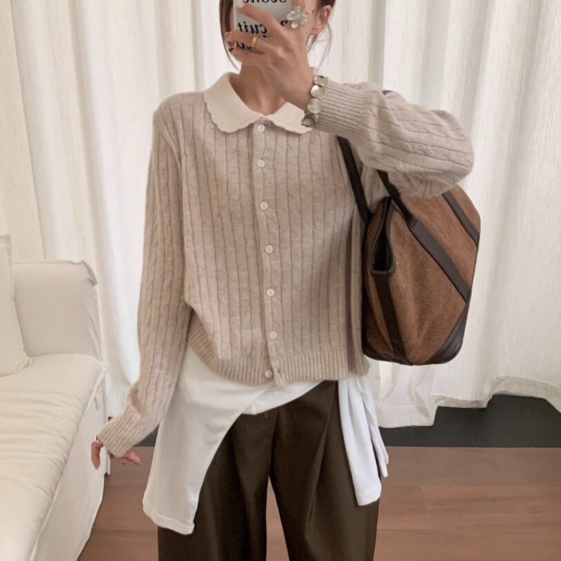 【汐柚·Seyu】正品!冬上新高级感娃娃领麻花拼色针织开衫9929