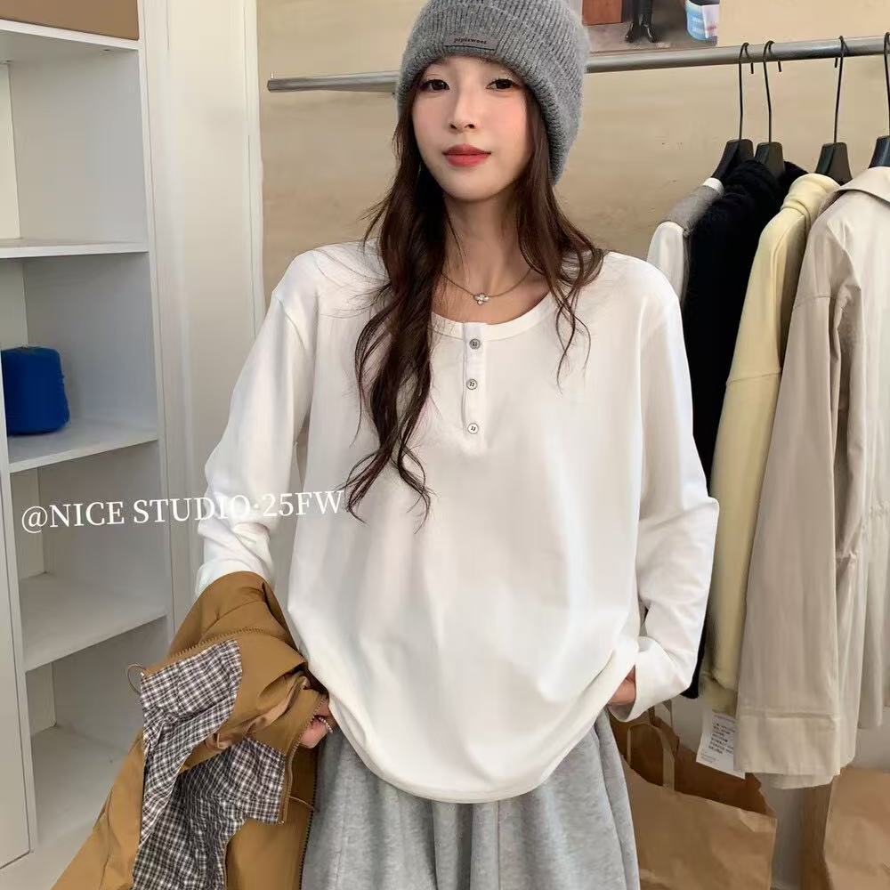 【奶思家NICE STUDIO】正品!韩版圆领纯色宽松百搭长袖T恤08712-3