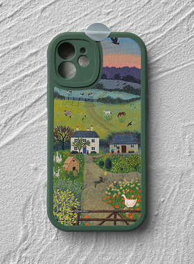 田园风插画文艺复古苹果17promax小羊皮手机壳iphone14绿色Pura80华为mate60小米15nova12荣耀300防摔viv适用