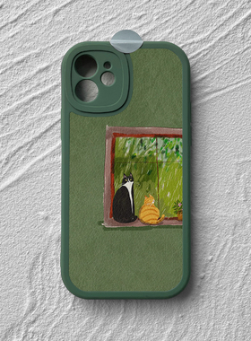 适用苹果16e手机壳15promax小米14华为nova13绿色p70全包mate60小羊皮oppo荣耀200软壳vivo防摔一加窗台猫咪