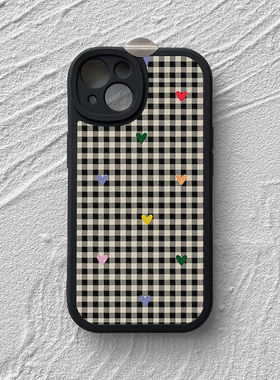 黑色格子爱心iphone17手机壳苹果15promax文艺复古小米14华为nova13全包mate60小羊皮p80荣耀300适用89软vivo