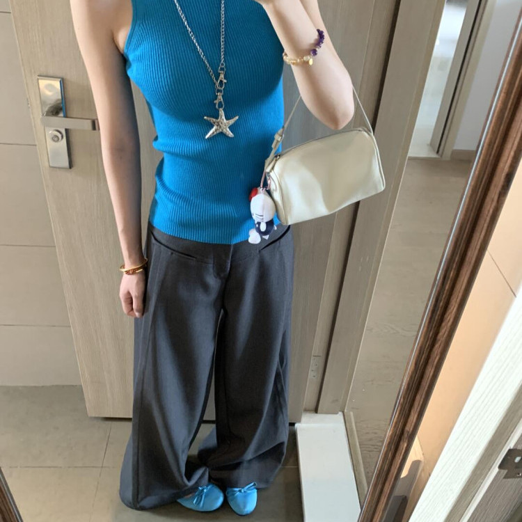 Grace 0120 韩式纯色半高领无袖针织背心女夏季简约修身显瘦上衣