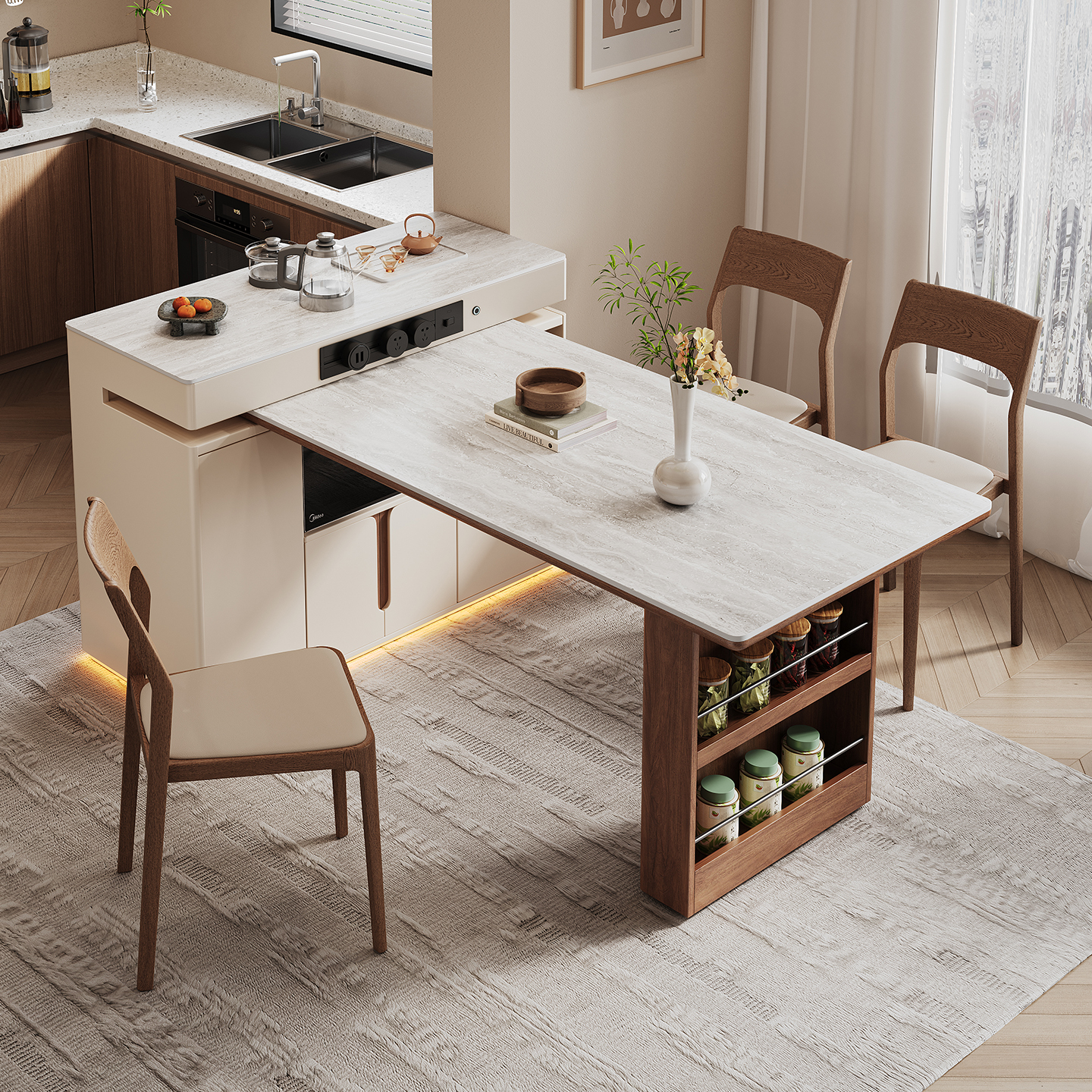 岛台餐桌一体旋转可伸缩家用小户型2025款多功能厨房一体伸缩餐台