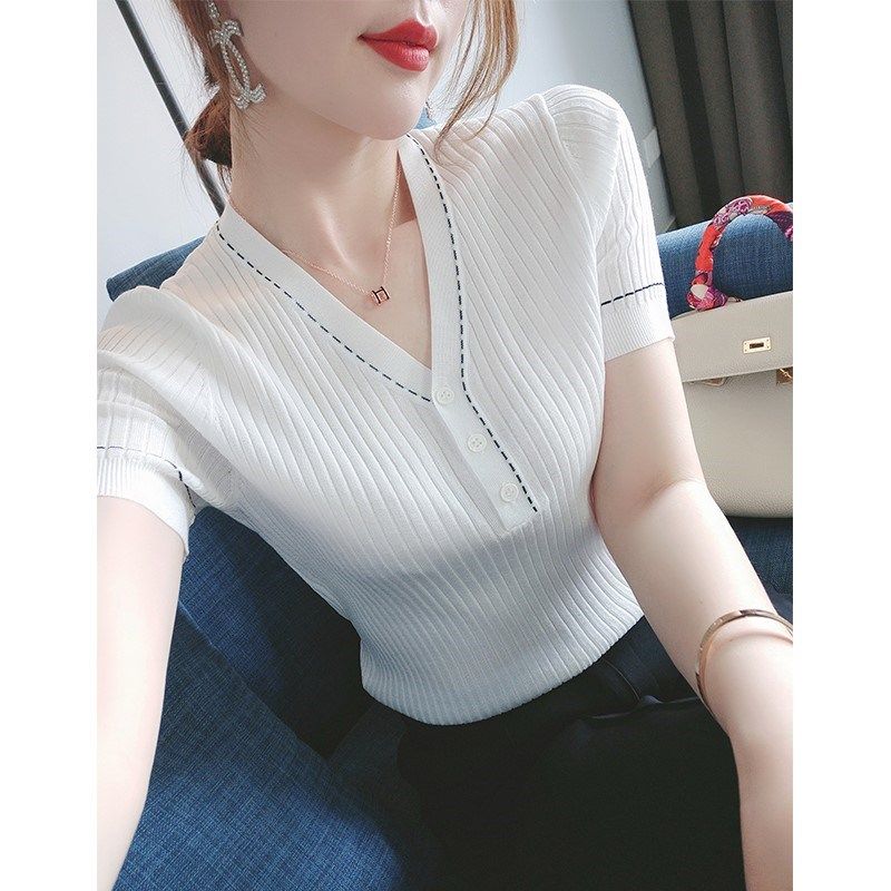 锁住美人谷~简约高级~贴身舒华2020夏新款百搭针织衫显瘦短袖上衣