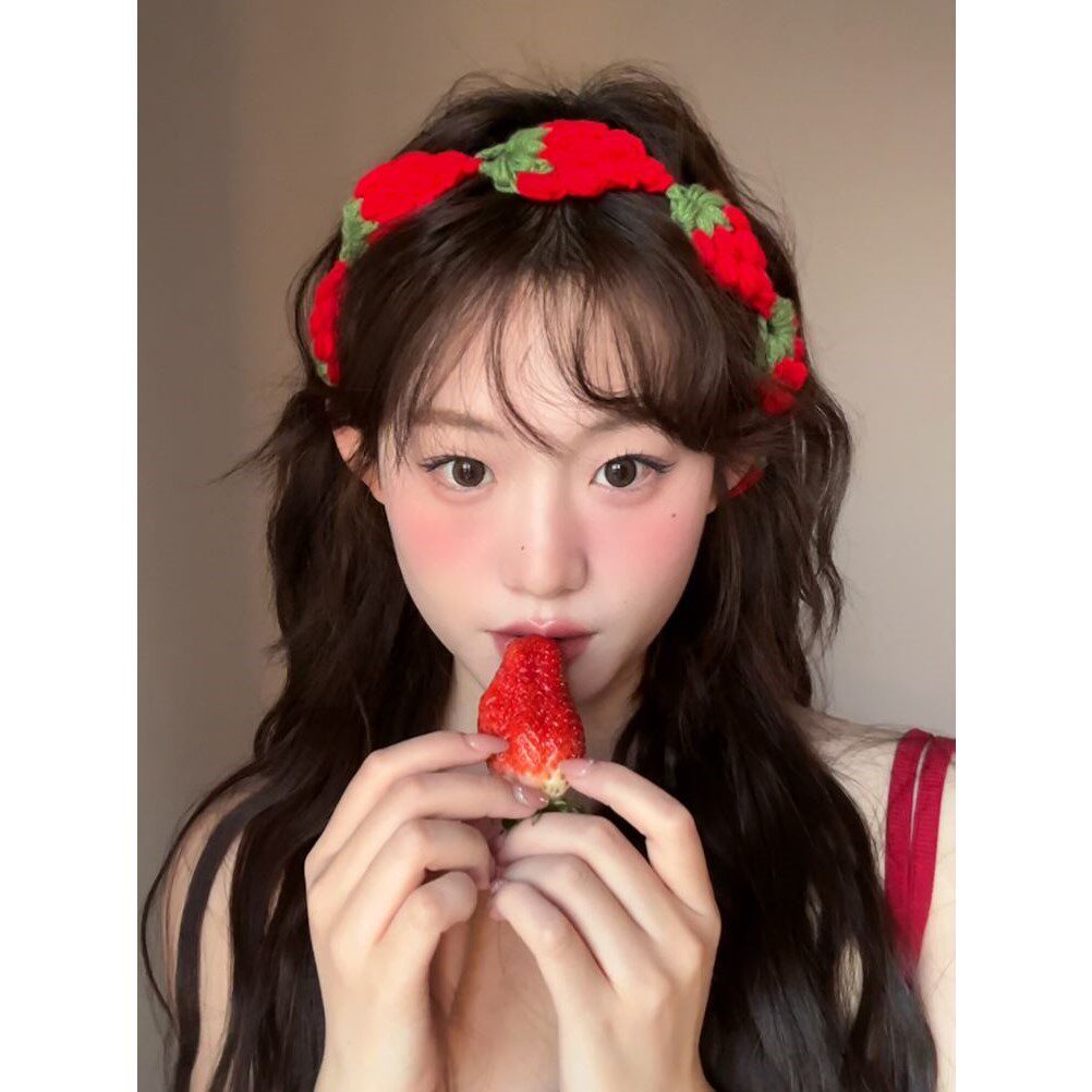 甜美可爱风手工DIY编织草莓发带女针织系带发绳日常出游拍照头饰