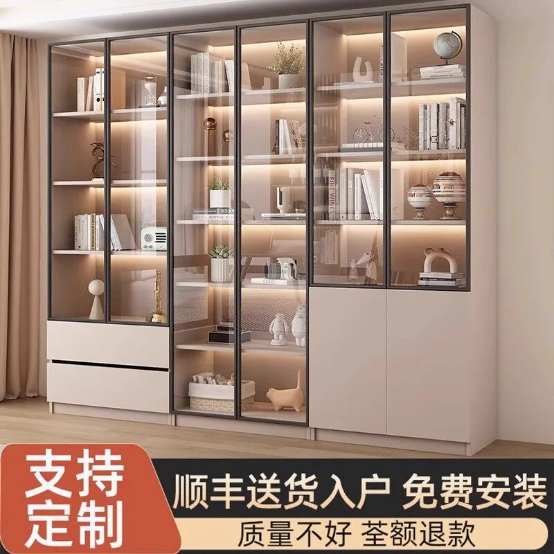 书柜带玻璃门展示酒柜轻奢家用客厅一体靠墙整墙书架实木手办乐高