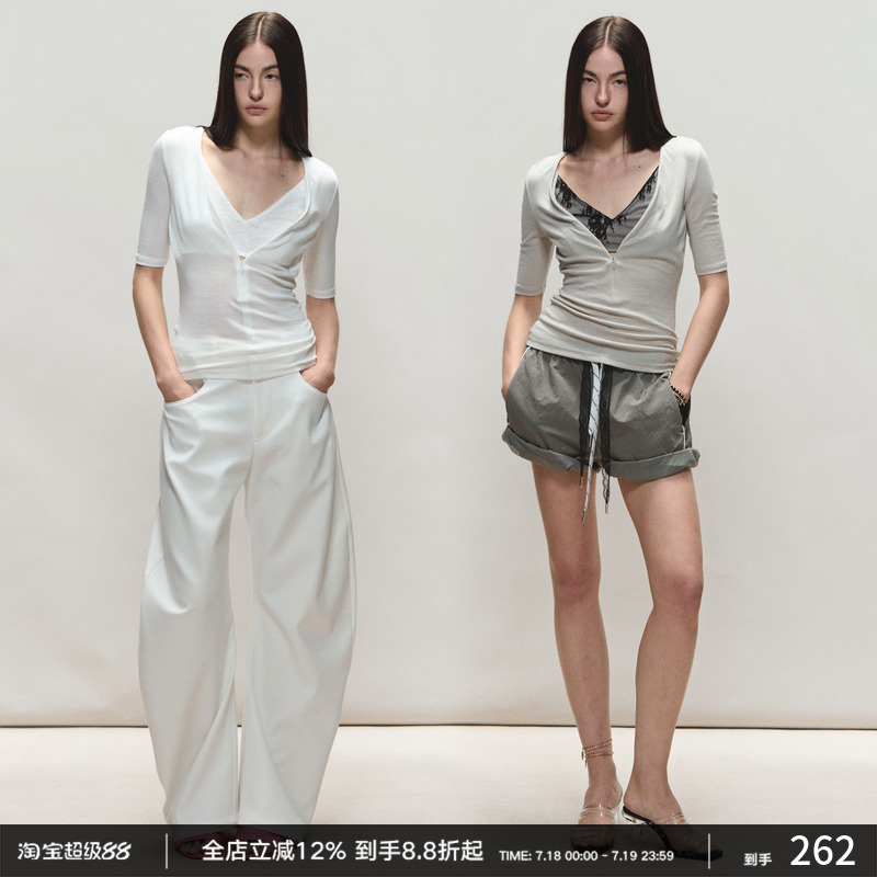 PRRP 莱赛尔假两件叠穿拼接撞色T恤中袖上衣 白色/灰色