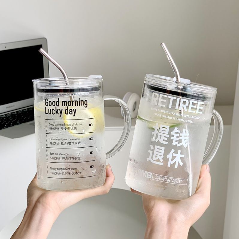 大容量玻璃杯子ins高颜值吸管杯喝水杯女办公室上班族学生咖啡杯