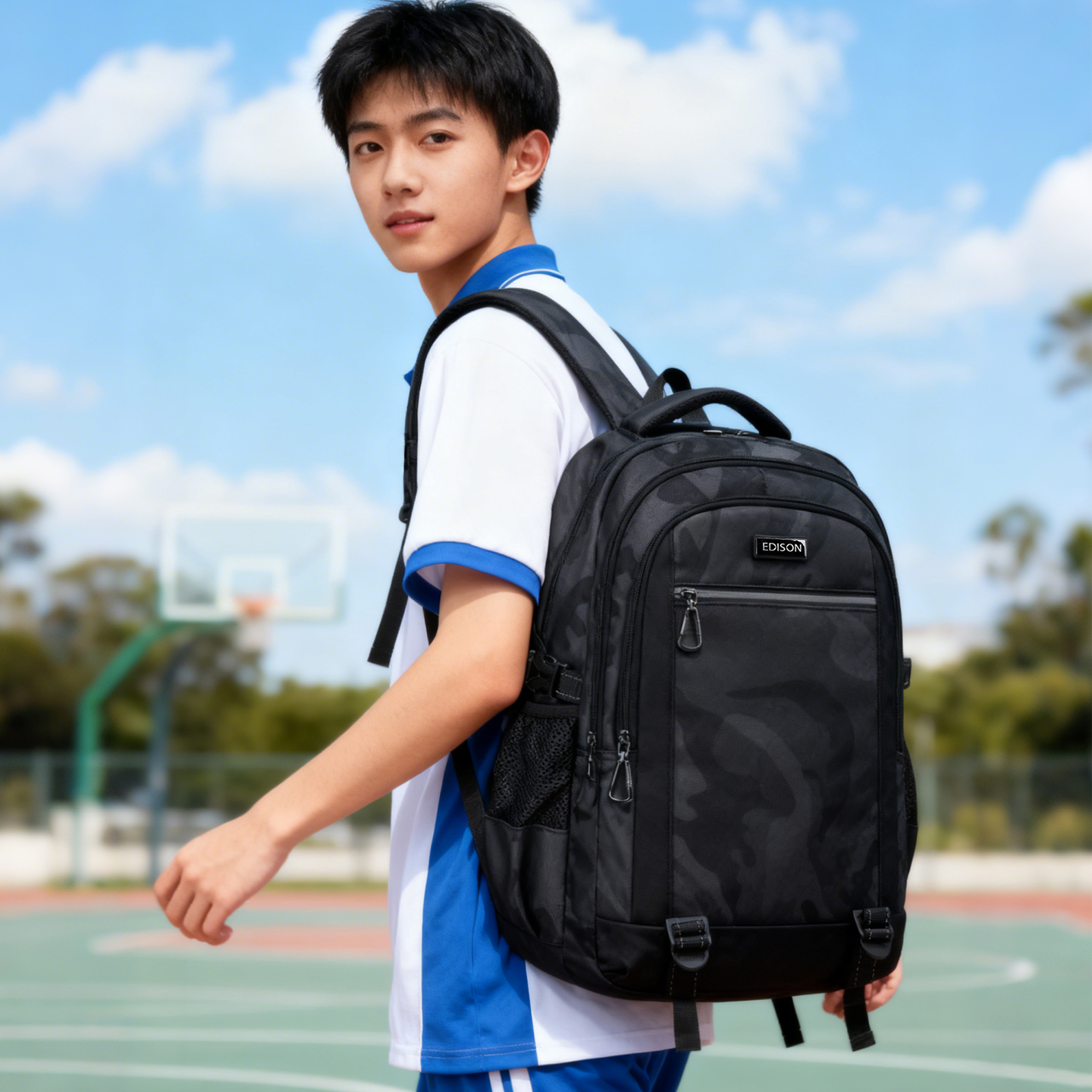 爱迪生初高中生减负护脊书包大容量反光迷彩双肩包男女同款背包