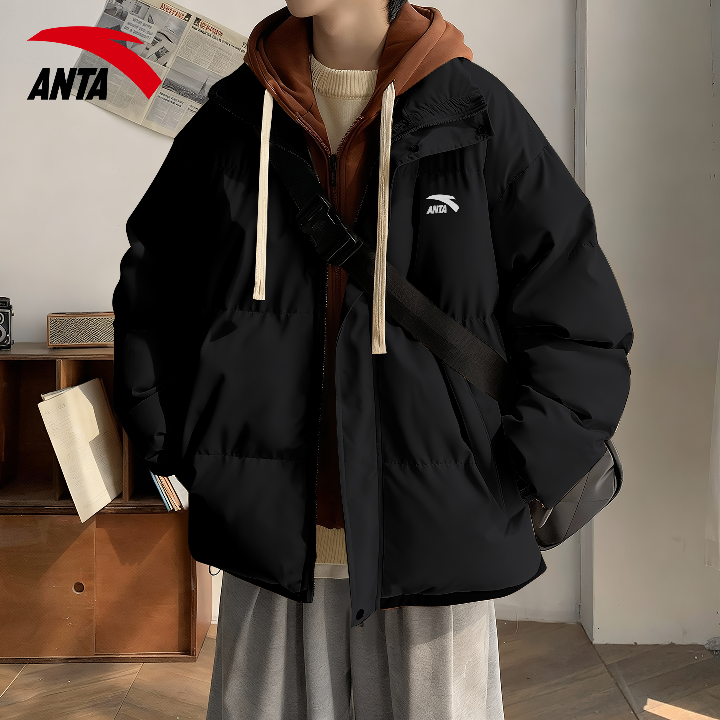 安踏运动休闲男立领保暖防风棉服