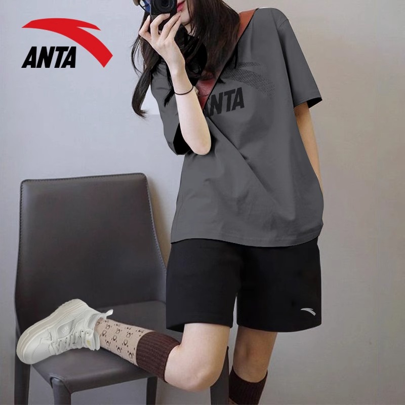 安踏运动套装女夏季薄款透气跑步休闲运动宽松大码短袖短裤两件套
