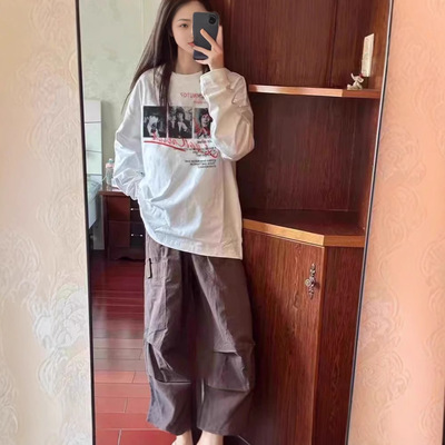 纯棉白色长袖T恤女新款爆款春秋季美式宽松大码早秋体恤内搭上衣