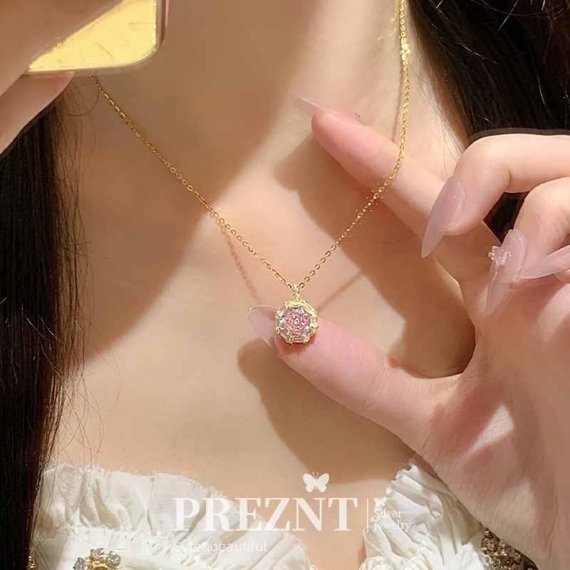 S925银粉色冰花项链女新款