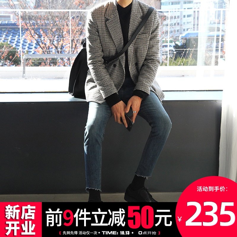 2020冬季男士千鸟格子毛呢大衣男短款英伦风羊绒呢子西装外套加厚