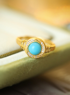 S925纯银镀18k金镶嵌蛋面绿松石戒指轻奢个性风潮流高级气质精致