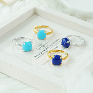 小众简约设计S925银镀18K金青金石绿松石方形戒指百搭开口可调节