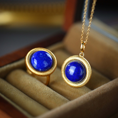 S925纯银镀18k金镶嵌青金石戒指吊坠套装复古经典哑光拉丝简约