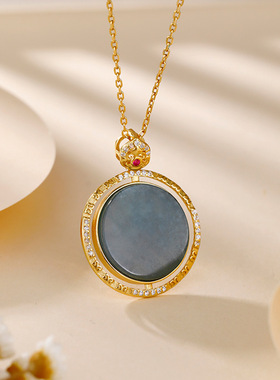 S925纯银镀18K金镶天然蓝水翡翠大圆牌吊坠精致复古个性潮流