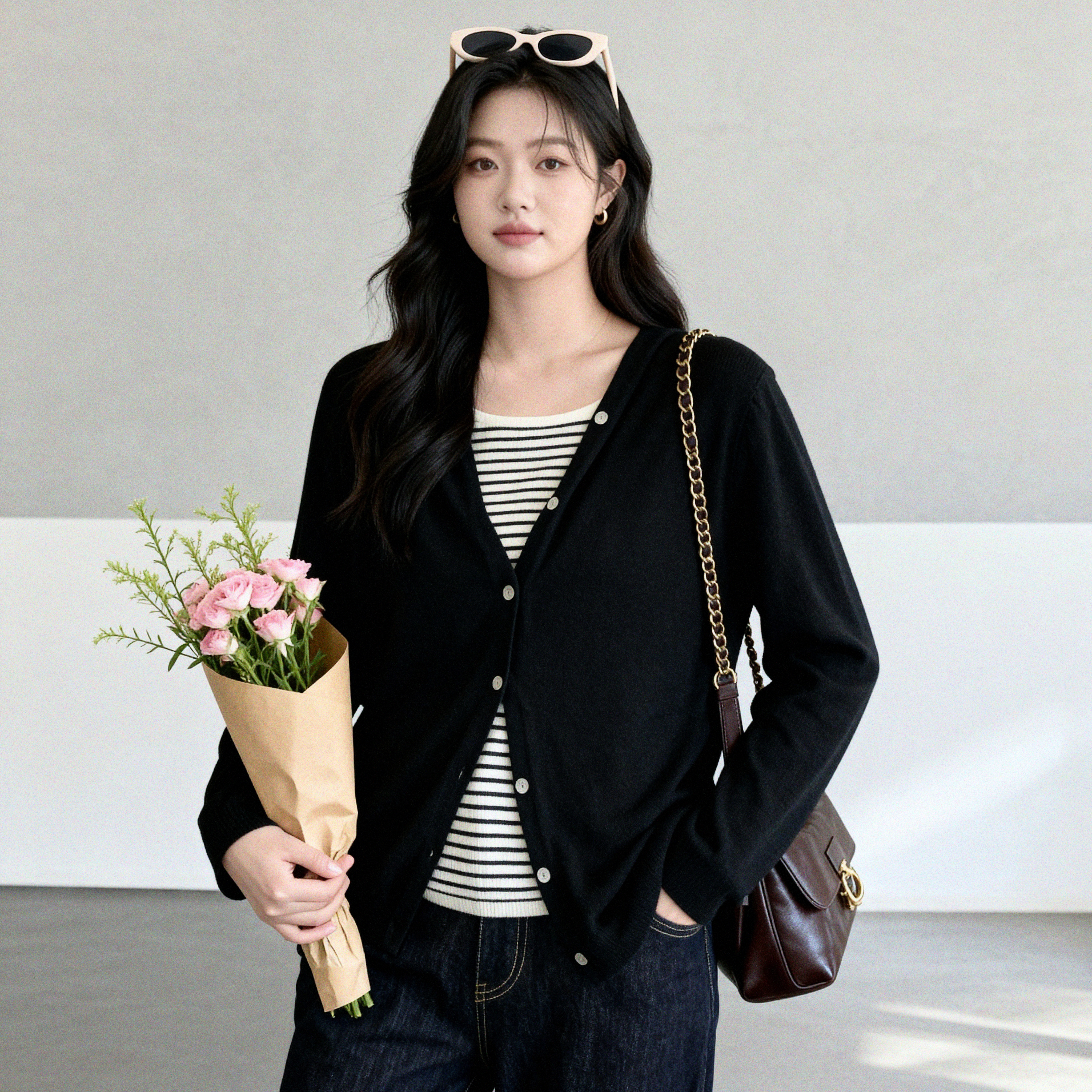 大码条纹拼接假两件针织打底衫女秋季胖mm显瘦遮肉内搭设计感上衣