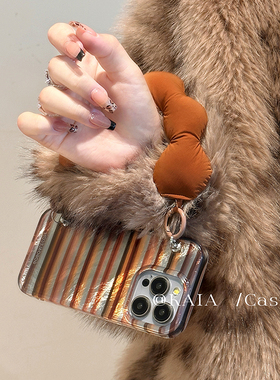 棕色镭射条纹手腕带一加Ace5手机壳一加13T女ace2小众1加ace3pro全包防摔手机壳