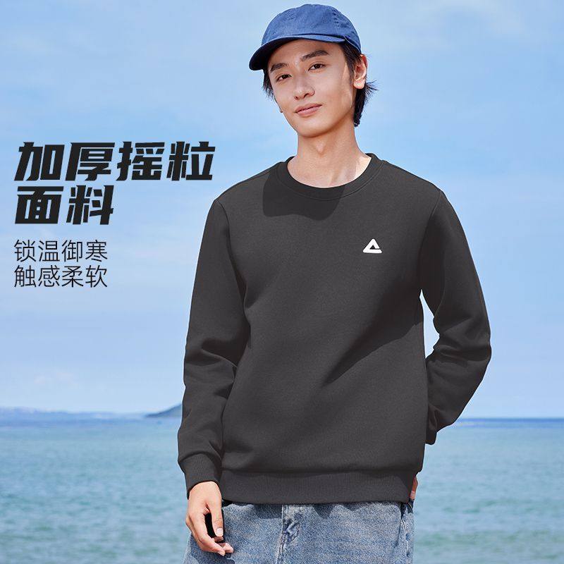 匹克卫衣简约运动风男士圆领卫衣加厚摇粒绒保暖长袖套头衫黑色男