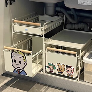 厨房下水槽置物架调料碗碟抽拉式 免安装 水池收纳架橱柜拉篮分层