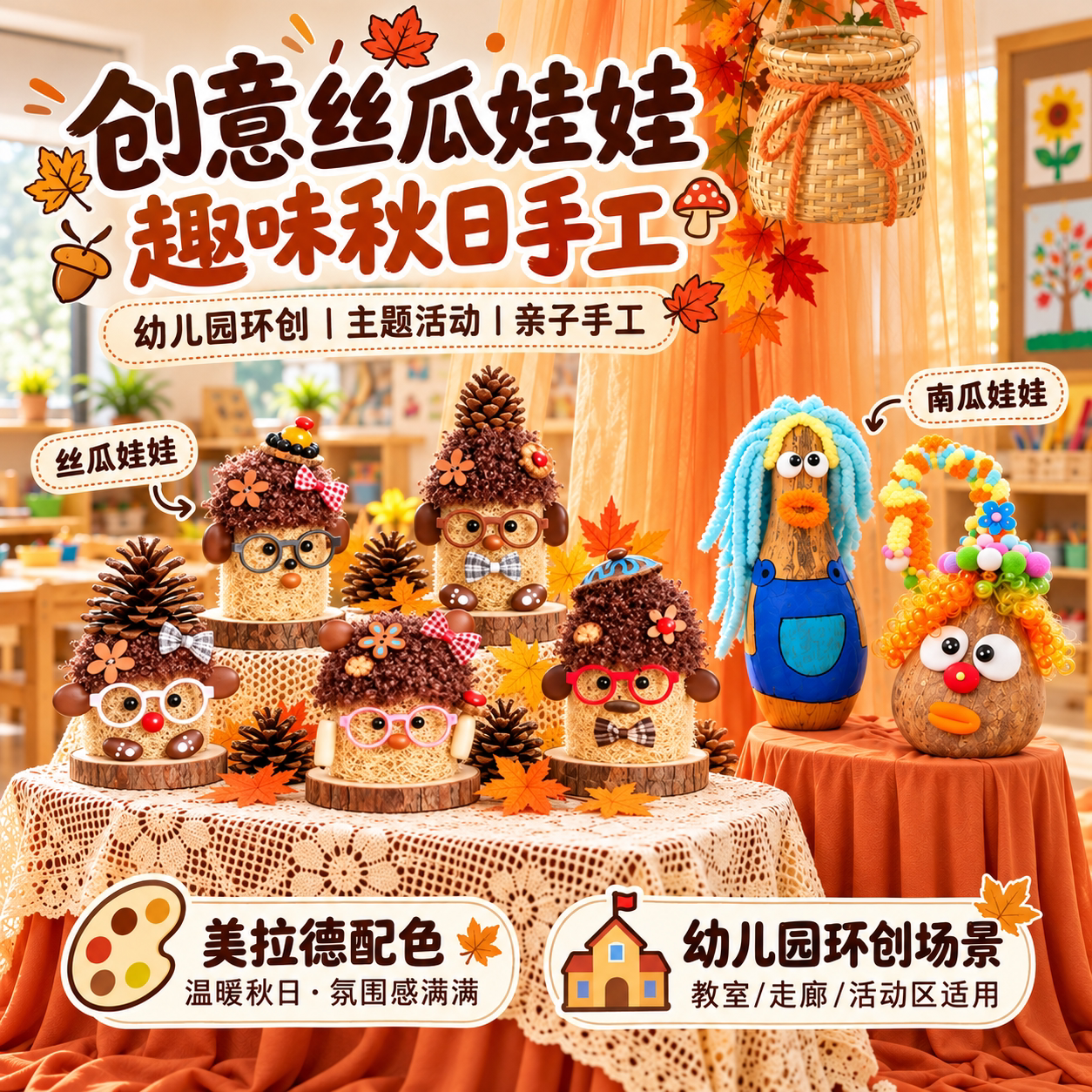 秋季美拉德色系环创空中悬挂吊饰幼儿园美工区环境布置焦糖色布幔