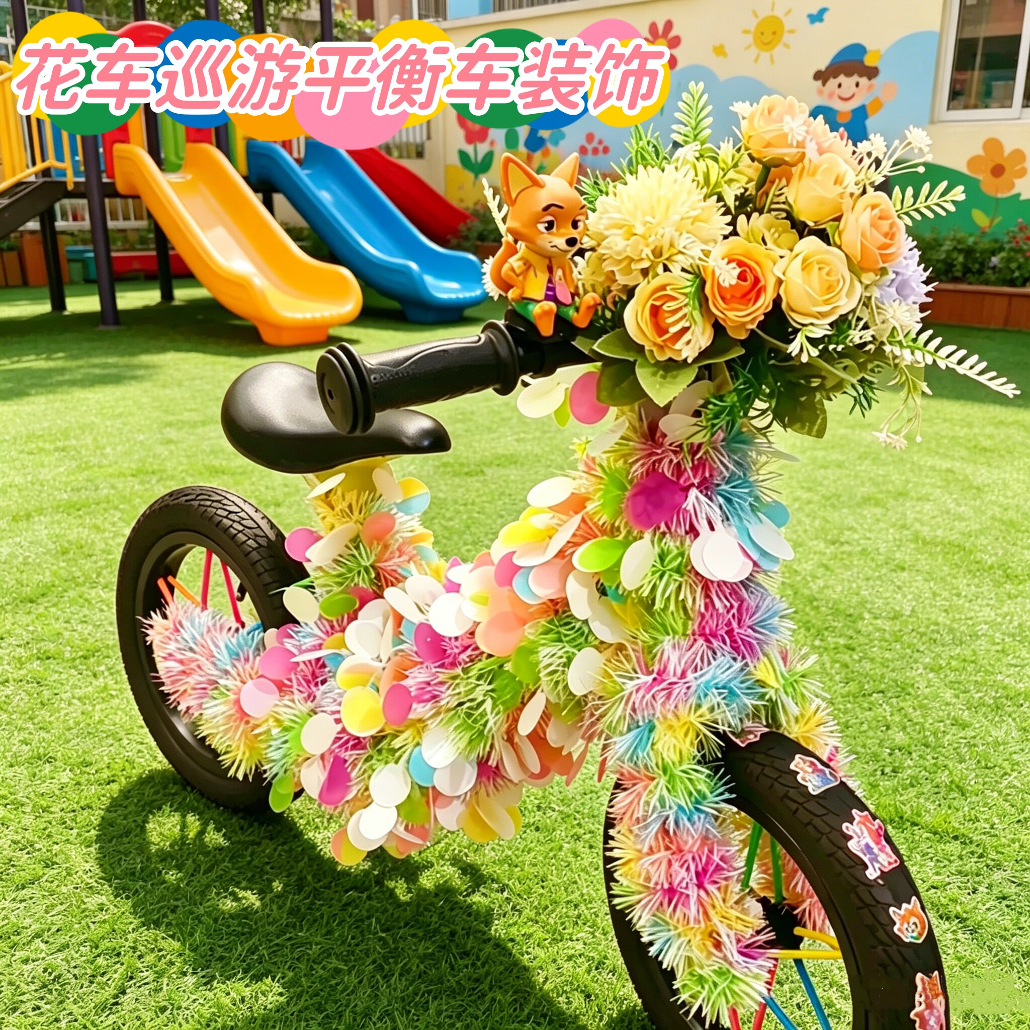 幼儿园花车巡游平衡车装饰材料运动会儿童自行车装扮彩色毛条花束