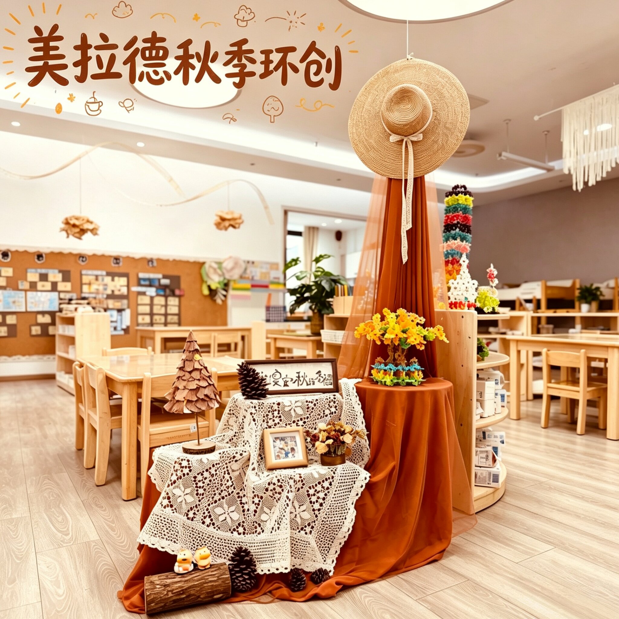 复古焦糖秋景幼儿园大厅展示布置图片