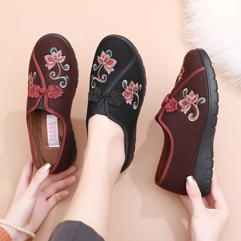 老北京布冬季女棉鞋二棉奶奶保暖鞋加绒平底中老年人软底妈妈