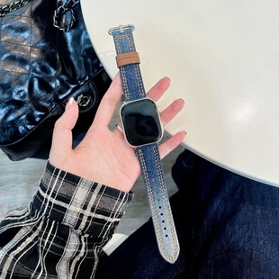 适用苹果s10丹宁牛仔手表带复古渐变iwatch11代987se时尚 百搭42mm