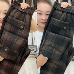 秋冬新款女士毛呢格子休闲裤2025时尚显瘦烟管裤高腰百搭哈伦裤潮