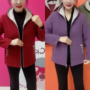 2026春秋新款连帽毛呢外套中老年妈妈短款宽松休闲上衣洋气百搭女
