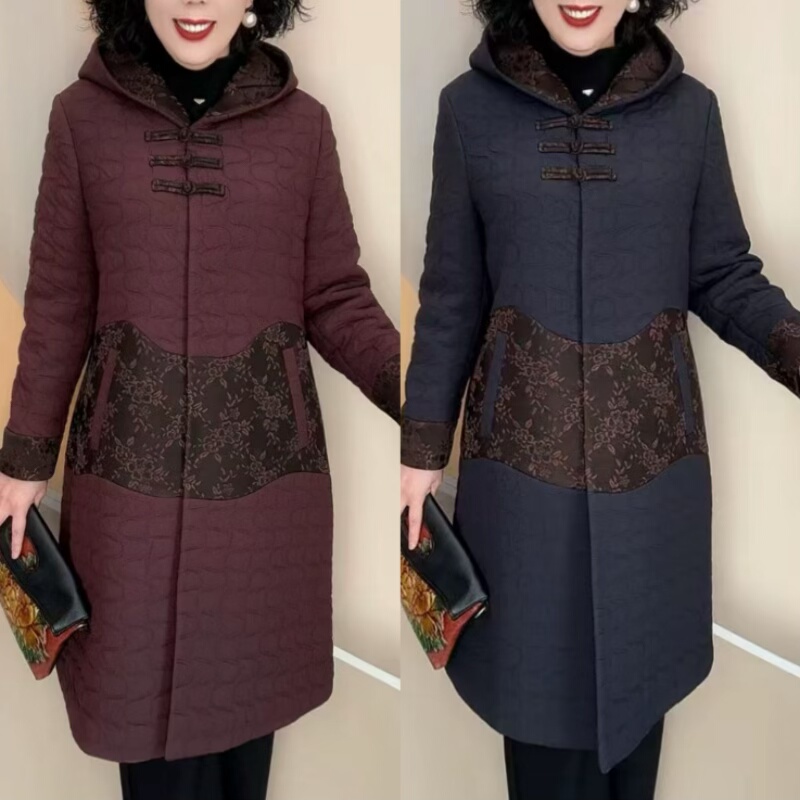 中老年加厚连帽拼色棉服女2025冬季妈妈装中长款盘扣保暖大衣外套