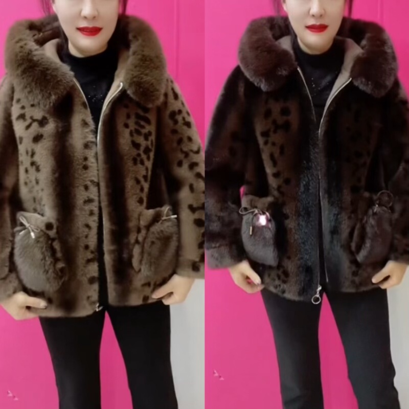 水貂绒连帽外套豹纹短款保暖大衣