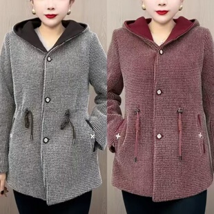 秋冬新款时尚连帽金貂绒大衣收腰千鸟格女士外套气质名媛百搭上衣