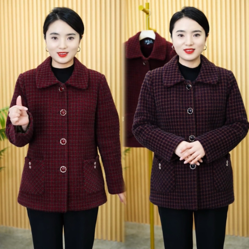 中老年秋冬妈妈装奶奶装金雕绒加厚格子外套加绒保暖方领宽松上衣