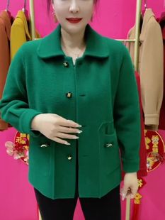 春秋季中老年宽松洋气双面呢纯色上衣时尚妈妈装女士显瘦翻领外套