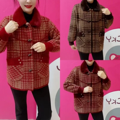 水貂绒格子牛角扣外套夹克上衣