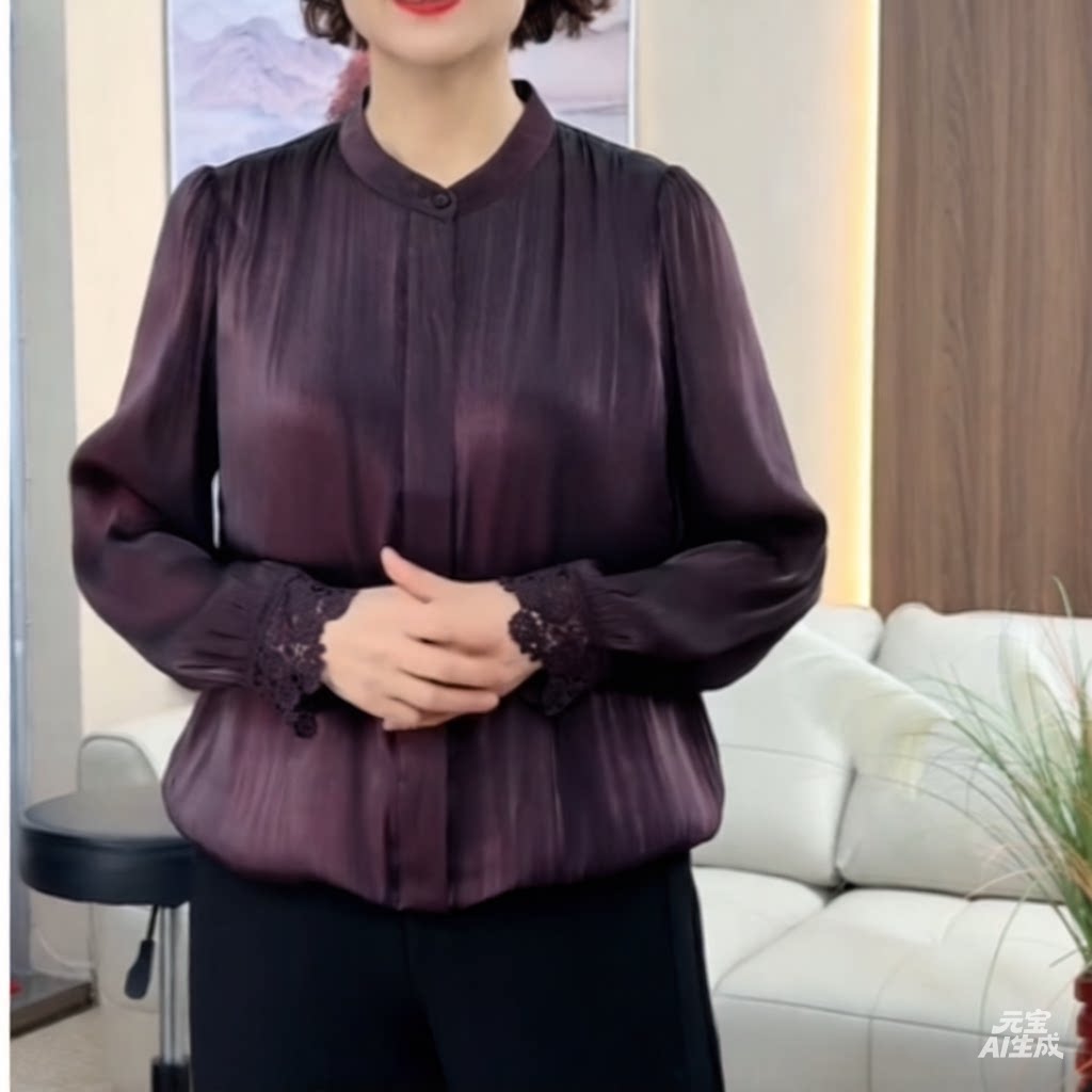 春秋高档圆领缎面丝光拼接蕾丝袖口垂感衬衫百搭开衫上衣时尚小衫