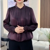 口垂感衬衫 百搭开衫 上衣时尚 春秋高档圆领缎面丝光拼接蕾丝袖 小衫
