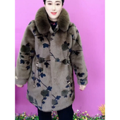 女士大衣时尚 秋冬新款 枫叶收腰中长款 连帽仿貂绒皮毛一体加厚棉衣