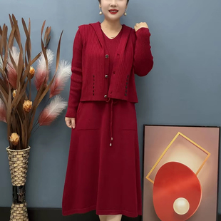 2025秋冬季新款连帽马甲针织裙外搭连衣裙气质两件套针织毛衣裙子