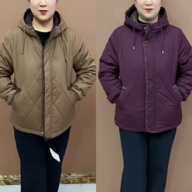 高档休闲连帽压格宽松棉衣女2025秋冬女士保暖棉服外套中年妈妈装