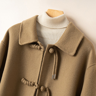 新中式国风盘扣双面呢羊毛大衣短款宽松休闲落肩袖娃娃领百搭