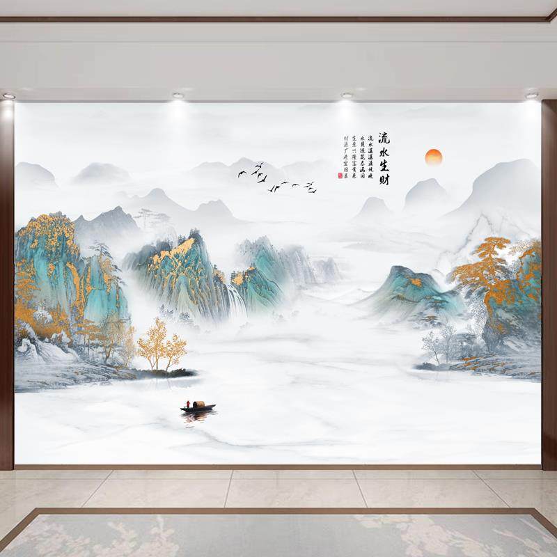 自粘壁画新中式水墨山水画客厅电视背景墙纸沙发装饰画卧室墙贴画,家居饰品,软装墙贴,淘宝优惠券,粉丝福利购,淘宝优惠卷