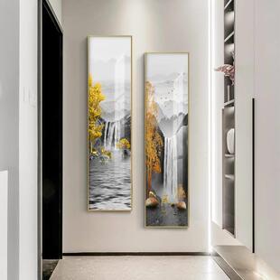 玄关新中式装饰画流水生财简约入户走廊过道挂画竖版细长条山水画