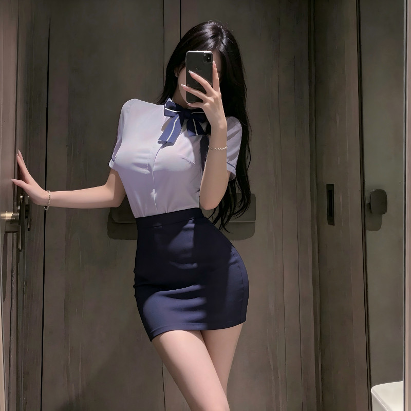 职业装空姐qqny制服套装短袖衬衫蝴蝶结包臀短裙角色cos修身居家