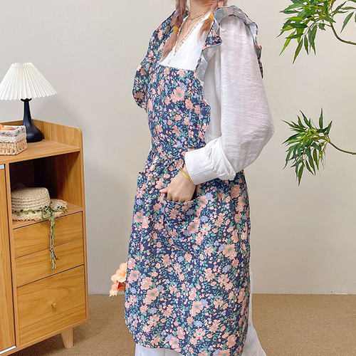 厨房碎花风围裙女家用做饭高颜值韩系网红摆摊加长四季防污工作服