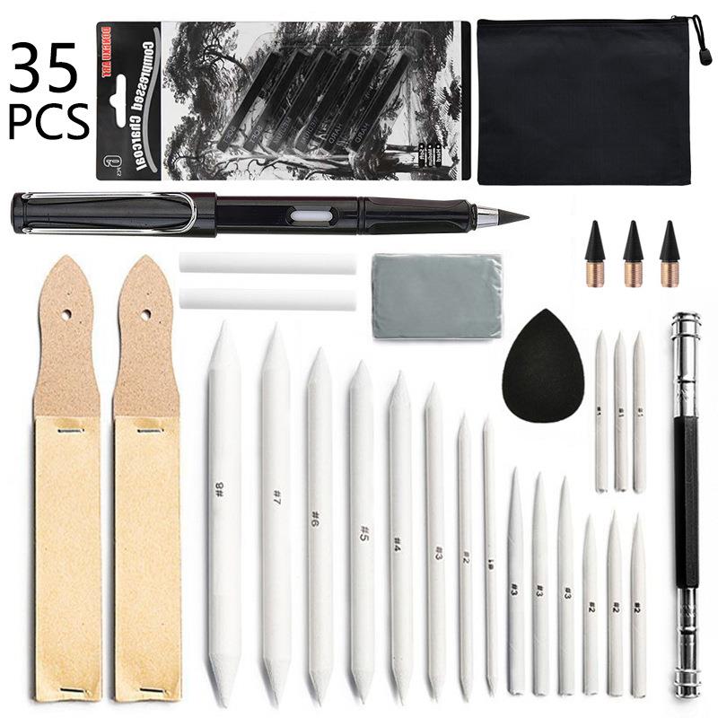 跨境素描绘画工具35件套装HB永恒铅笔 碳条 可塑橡皮海绵擦纸擦笔